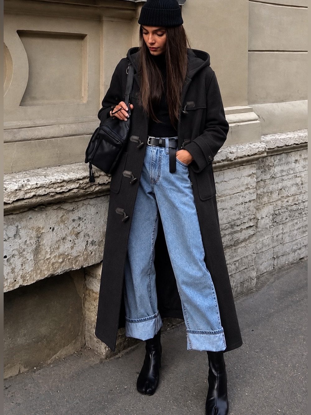 Black Winter Wool Coat - Large